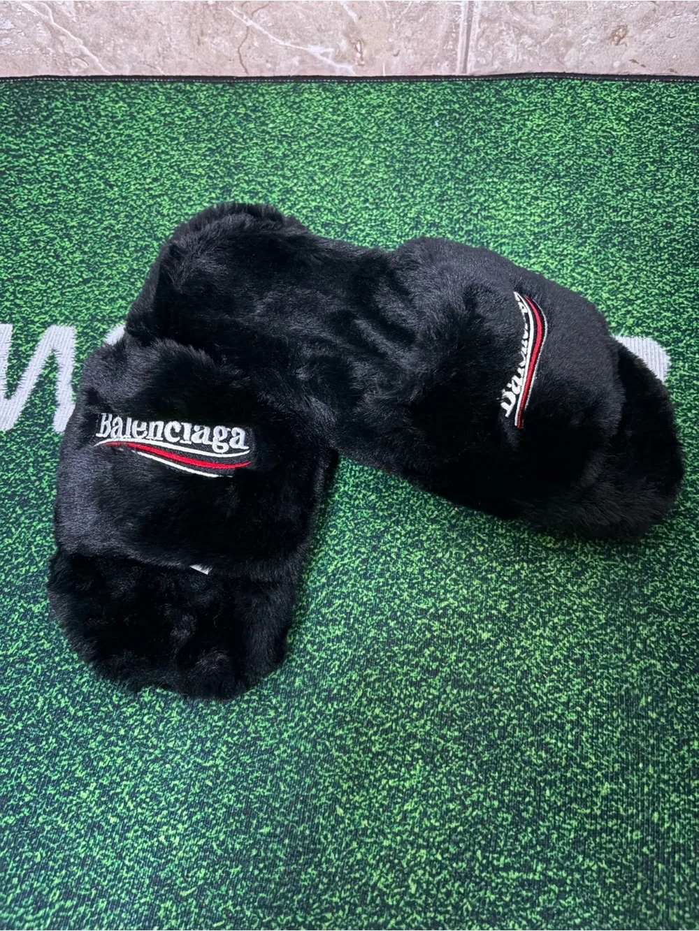 Balenciaga Black Fur Shiny Slides